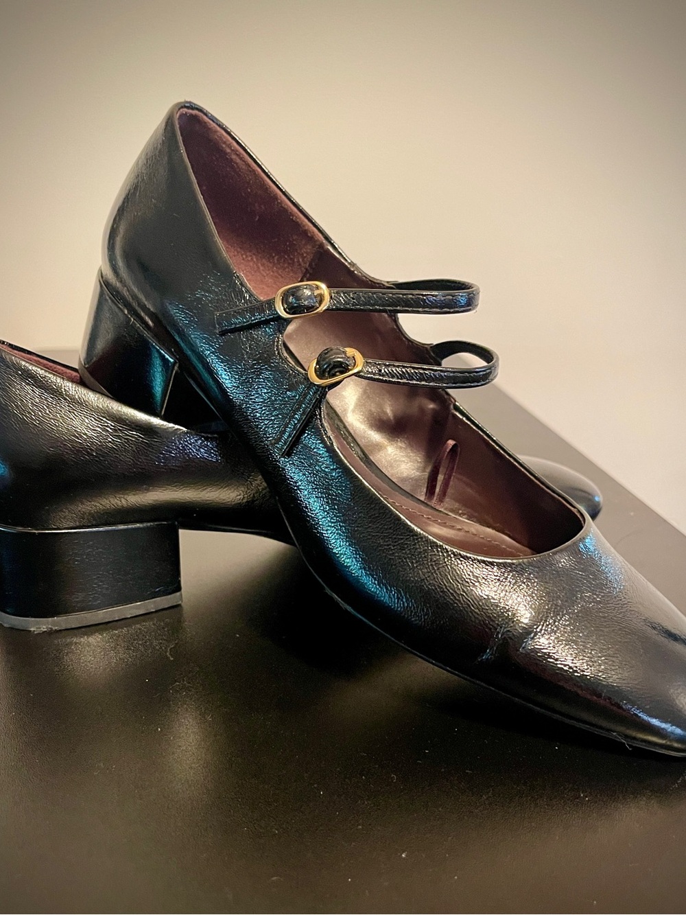 Zara Black Double-Strap Mary Jane Block Heel Pumps